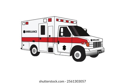 Ambulance illustration with a red stripe, emergency lights, medical symbol, and clean flat design on a white background, ideal for healthcare or emergency-related graphics.