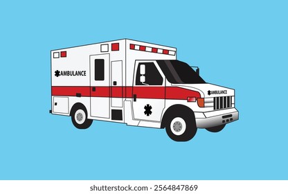 An ambulance illustration with a red stripe, emergency lights, and medical symbol, on a solid blue background, designed in a flat, clean vector style.