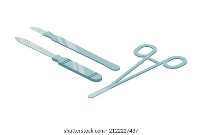 Ambulance isometric composition with isolated image of medical scalpels and scissors vector illustration
