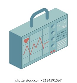 Ambulance isometric composition with isolated image of portable cardiograph vector illustration