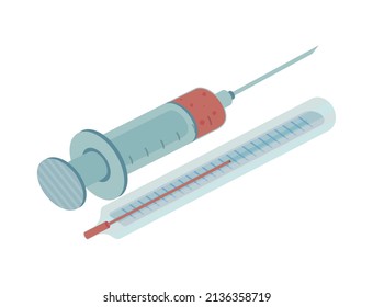 Ambulance isometric composition with isolated images of syringe and thermometer vector illustration