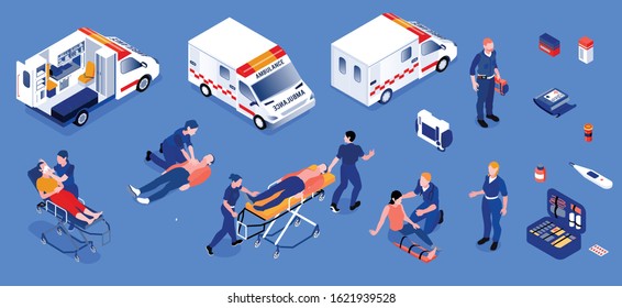 Ambulance isometric set of reanimobiles and medical personnel providing first aid to patients isolated vector illustration