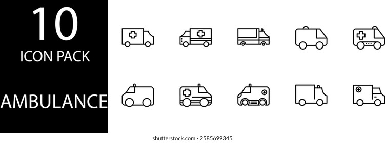 ambulance line Editable Icons set, A set of ambulance line icons with additional elements such as sirens, stretchers, and medical equipment.