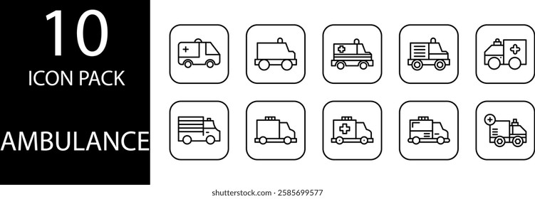 ambulance line Editable Icons set, Collection of ambulance line icons with various elements such as paramedics, hospitals, and emergency vehicles.