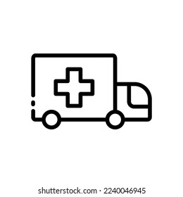 Ambulance line icon. Disease, thermometer, car, immunity, doctor, patient, prescription, treatment, recommendations, advice. health concept. Vector black line icon on white background