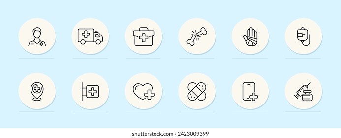 Ambulance line icon. Ambulance, paramedics, medical emergency, first responders, life-saving treatment. Pastel color background. Vector line icon for business and advertising