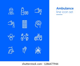 Ambulance line icon set. Set of line icons on white background. Medicine concept. Pain, virus, nasal cold. Vector illustration can be used for topics like medicine, illness, healthcare