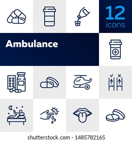 Ambulance line icon set. Set of line icons on white background. Medicine concept. Drug, night, laboratory. Vector illustration can be used for topics like medical, surgery