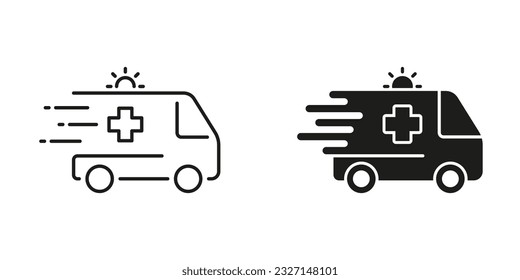 Ambulance Line and Silhouette Black Icon Set. Emergency Car for Patients Pictogram. Fast Paramedic's Transport for First Aid Symbol Collection. Urgent Medical Help. Isolated Vector Illustration.