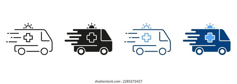 Conjunto de iconos de la línea de Ambulancia y de la silueta. Ayuda Médica Urgente. Coche de emergencia para pacientes Pictograma negro y color. Colección de símbolos de transporte de paramédicos para primeros auxilios. Ilustración de vectores aislados.