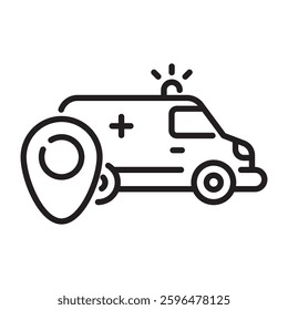 Ambulance with Location Pin Icon, Emergency Medical Service and Help Concept, Black and White Outline Illustration Isolated on White Background
