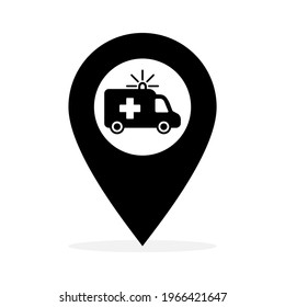 Ambulance and location pin pointer icon. Health care services map marker. Vector illustration.