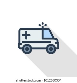 ambulance, medical car thin line flat color icon. Linear vector illustration. Pictogram isolated on white background. Colorful long shadow design.