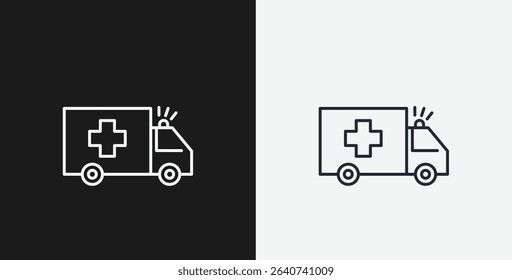 Ambulance with Medical Cross and Siren on Black and White Backgrounds, Representing Emergency Services or Healthcare, White Outline Icon