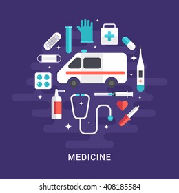 Ambulance and Medical Icons and Objects. Flat Style Vector Illustration. Medicine Concept