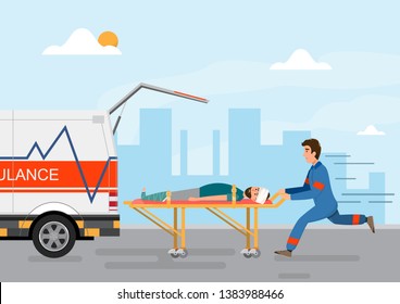 ambulance medical service carrying patient with man staff.flat style vector illustration