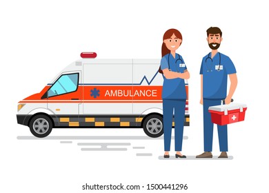 ambulance medical service carrying patient with doctor and nurse staff.flat style vector illustration