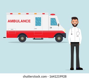 ambulance medical service first aid concept. doctor nurse ambulance car. Vector illustration in flat style