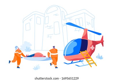 Ambulance Medical Staff Service. Medic Rescuers Transporting Man Patient to Helicopter for Deliver in Hospital. Emergency Paramedic Doctor Characters, Health Care. Cartoon People Vector Illustration
