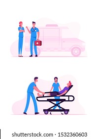 Ambulance Medical Staff Service Occupation. Medics Carrying Man Patient with Broken Leg to Hospital. Emergency Paramedic Doctors Characters Stand at Car. Health Care Cartoon Flat Vector Illustration