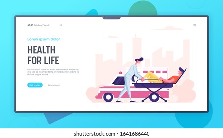Ambulance Medical Staff Service Occupation Website Landing Page. Medic Transporting Man Patient with Broken Leg to Hospital. Emergency Paramedic Doctor Web Page Banner. Cartoon Vector Illustration