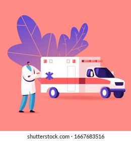 Ambulance Medical Staff Service Occupation. Medic Character Stand at Car in Hospital. Emergency Paramedic Doctor Prepare for Transportation Diseased Patients, Health Care. Cartoon Vector Illustration