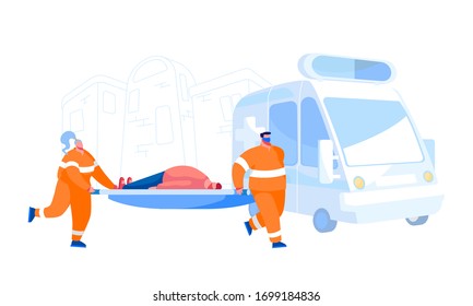 Ambulance Medical Staff Service Occupation Concept. Medics Transporting Injured Man Patient to Hospital. Emergency Paramedic Doctor Characters and Car, Health Care. Cartoon People Vector Illustration