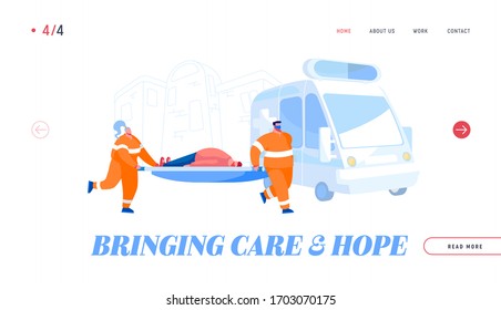 Ambulance Medical Staff Service Occupation Landing Page Template. Medics Transporting Patient to Hospital. Emergency Paramedic Doctor Characters and Health Care Car. Cartoon People Vector Illustration