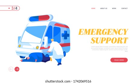 Ambulance Medical Staff Service Occupation Landing Page Template. Medic Character Help Man Patient with Apoplexy Attack or Brain Stroke Lying on Ground, Emergency. Cartoon People Vector Illustration