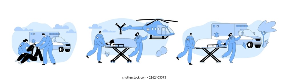Ambulance Medical Staff Service Occupation Concept. Medics Carrying Patient to Hospital. Emergency Paramedic Doctors Characters at Car and Helicopter Hurry to Sick People. Cartoon Vector Illustration