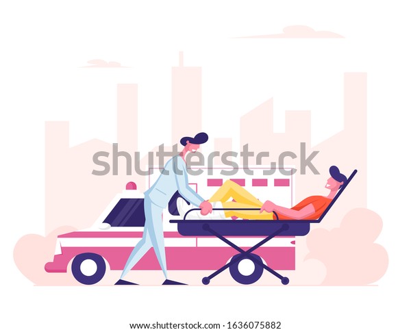 Ambulance Medical Staff Service Occupation.\
Medic Transporting Man Patient with Broken Leg to Hospital.\
Emergency Paramedic Doctor Character and Car, Health Care. Cartoon\
Flat Vector\
Illustration