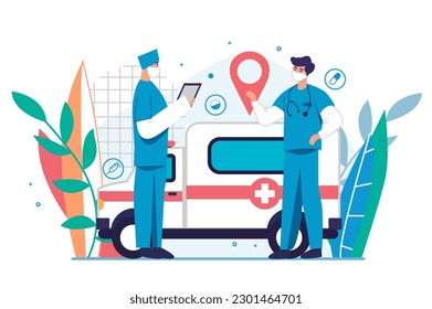 Ambulance medicine concept with people scene in the flat cartoon design. The doctor explains to the ambulance worker where to go to see the patient. Vector illustration.