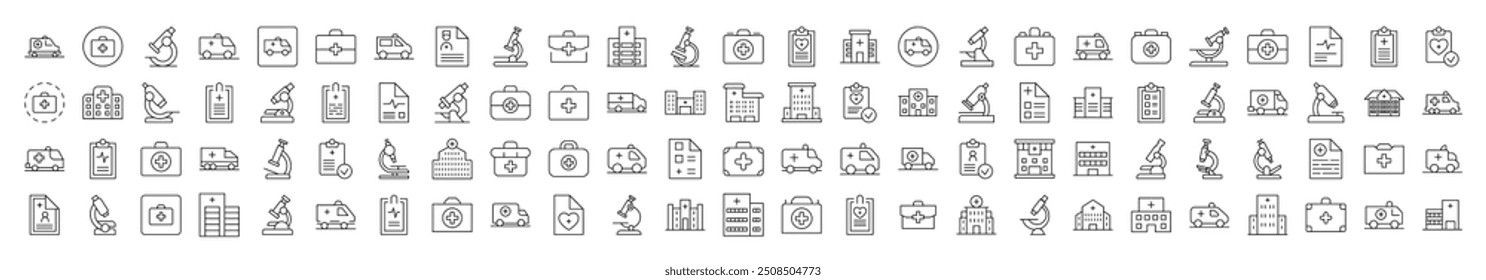 Ambulance, Microscope, Medical Suitcase, Doctor Prescription, Hospital Outline Simple Linear Image Collection. Editable Stroke. Suitable for Web Sites, Books, Cards, Apps