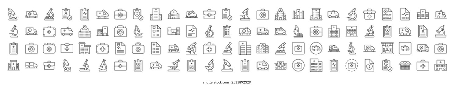 Ambulance, Microscope, Medical Suitcase, Doctor Prescription, Hospital Collection of Thin Icons. Editable Stroke. Suitable for Web Sites, Books, Cards, Apps