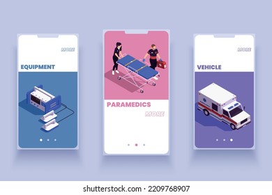 Ambulance mobile app isometric background with three smartphone screens with information about first aid vehicle equipment and paramedics staff vector illustration