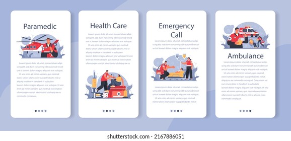 Ambulance mobile application banner set. Emergency medical technician in the uniform performing first aid. Paramedics urgent care. Healthcare, modern medicine treatment. Flat vector illustration