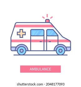 Ambulancia - moderna línea de diseño estilo icono sobre fondo blanco. Imagen minuciosa del vehículo de servicio especial. Salida urgente, alarma, atención médica, los médicos son llamados