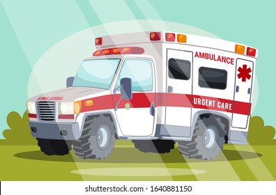 ambulance monster truck with large wheels standing on the grass in the afternoon against the background of a forest landscape. Vector modern creative cartoon design. First aid transportation. Isolate 