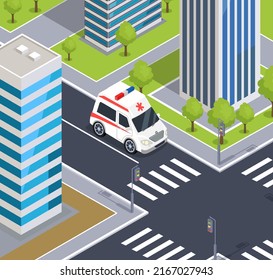 Ambulance moves along roads of city. Modern cityscape with emergency car near pedestrian crossing. Vehicle for transporting patients to hospital. Medical automobile driving on highway of town