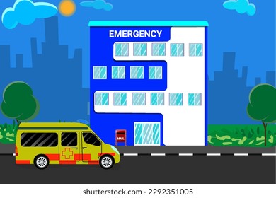 Ambulance near the hospital. Vector graphics.