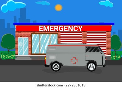 Ambulance near the hospital. Vector graphics.