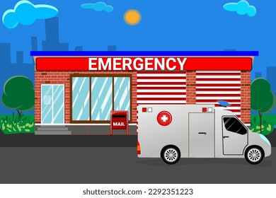 Ambulance near the hospital. Vector graphics.