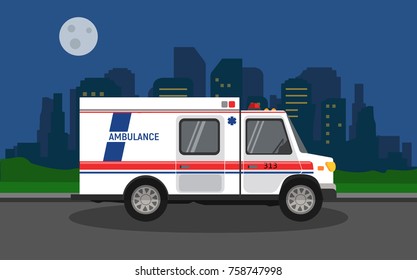 The ambulance  in the night city background. Vector illustration.