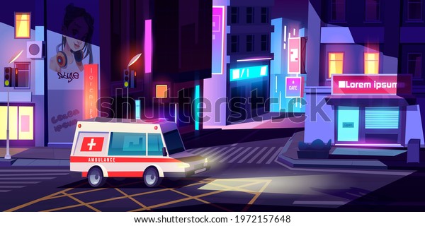 Ambulance in night city, medic car with\
signaling riding empty metropolis street with buildings, glowing\
neon signboards and traffic lights. Emergency medicine service,\
Cartoon vector\
illustration
