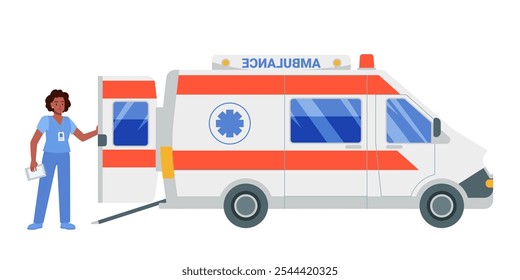 Ambulance nurse waiting for patient at emergency vehicle for transportation to hospital, accident rescue. Woman in blue uniform standing at open door of car with siren cartoon vector illustration