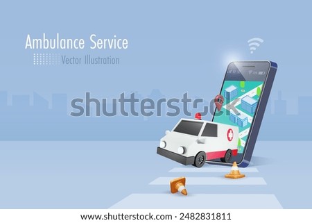 Ambulance on smartphone with mobile map.  Online emergency service for urgency accident, transport patient to hospital. 3D vector.
