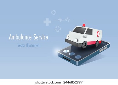 Ambulance on smartphone. Online emergency service for urgency accident, transport patient to hospital. 3D vector.