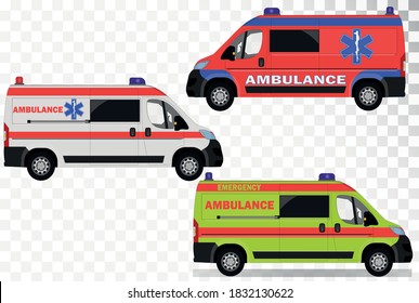 Ambulance on a transparent background. Red ambulance. Light green ambulance. Transportation of patients. Pandemic. Paramedics.