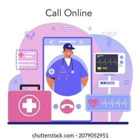 Ambulance Online Service Or Platform. Emergency Doctor In The Uniform Performing First Aid. Paramedics Urgent Care. Online Call. Flat Vector Illustration