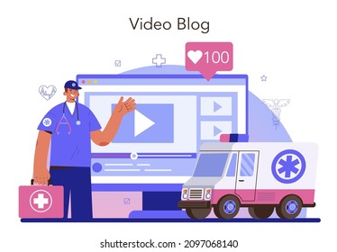 Ambulance Online Service Or Platform. Emergency Doctor In The Uniform Performing First Aid. Paramedics Urgent Care. Video Blog. Flat Vector Illustration